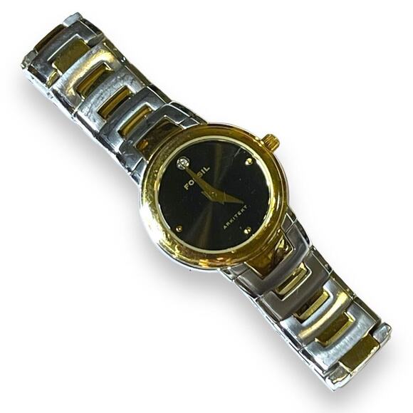 Vintage Fossil Watch Womens Arkitekt Stainless Steel Black Dial Rhinestone WORKS - Picture 2 of 11